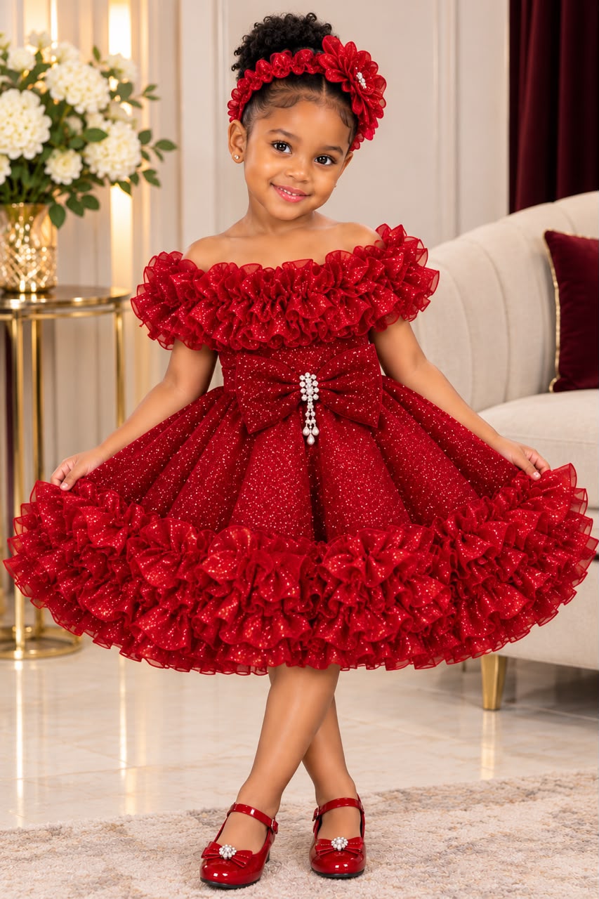 Sparkle Ruffle Dress — Red