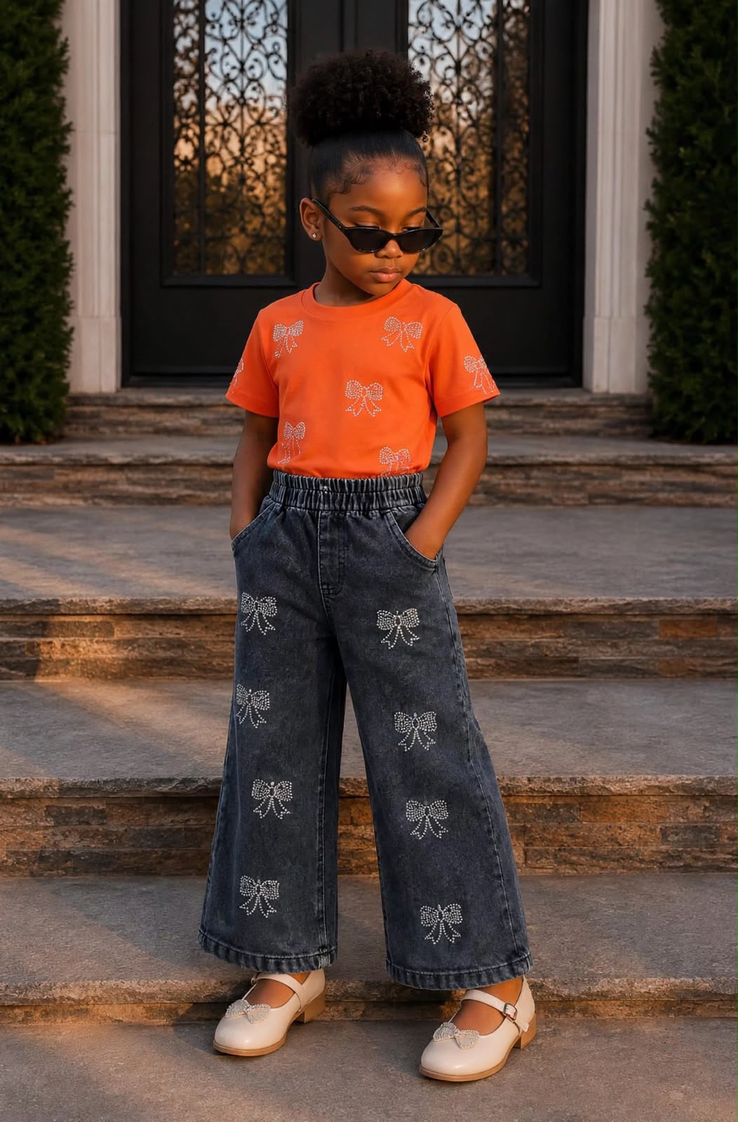 Bow Tee & Embroidered Wide Jeans