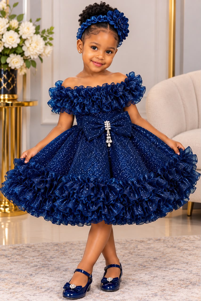 Sparkle Ruffle Dress — Navy